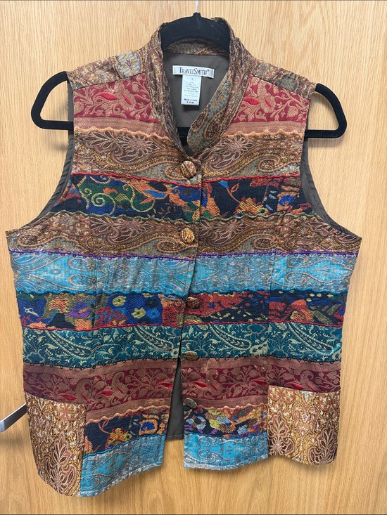 TravelSmith Jackets & Blazers - TravelSmith Jewel-Tone Patchwork Silk Blend Paisley Button Boho Vest Size L